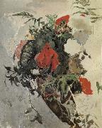 Red Flowers and Begonia Leaves in a basket Mikhail Vrubel